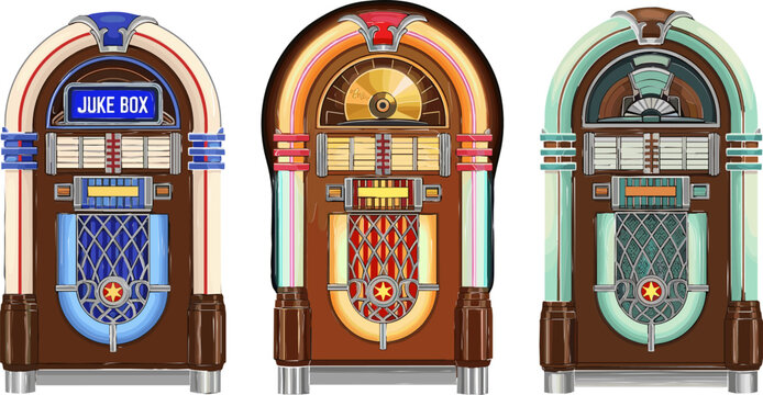 Vintage Jukebox Set with Retro Music Machines in Colorful Designs for Classic Audio, Nostalgia Theme and Entertainment Illustration