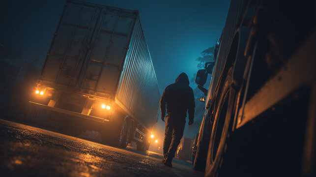Silhouette of truck driver walking between cargo trucks at night in foggy industrial area