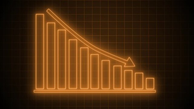 Neon declining bar chart with down arrow animation on black background
