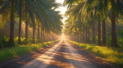 Naklejka premium Palm tree avenue at sunrise