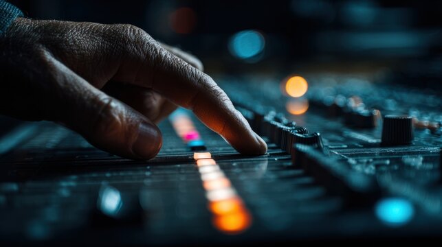 An audio engineer's hand adjusting faders on a professional mixing console in a recording studio
