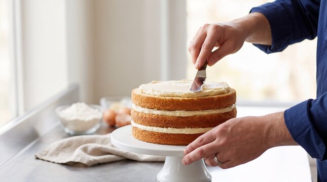 person frosting a layered cake on a white cake stand.