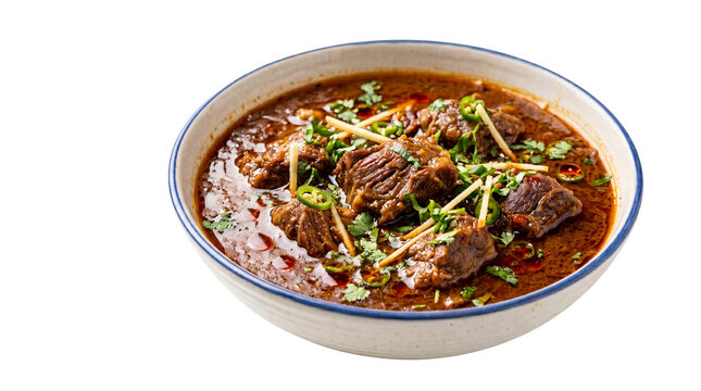 Traditional beef nihari stew in ceramic bowl, slow cooked spicy meat curry with ginger and cilantro, authentic Pakistani and Indian cuisine isolated PNG with Transparent Background