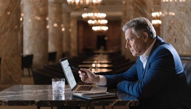 Business expert analyzing revenue loss on a laptop screen with outoffocus hotel lobby and empty tables behind in a medium shot.