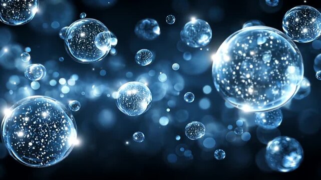 Abstract blue orbs with glowing particles drift in darkness