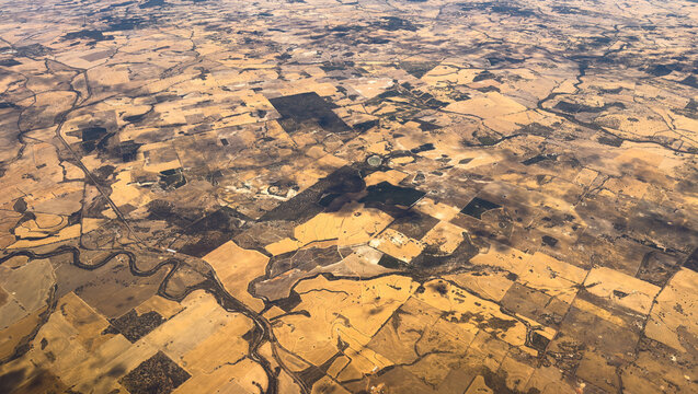 From above, the north‑eastern Wheatbelt of Western Australia looks like a patchwork of geometric shapes and muted colours.