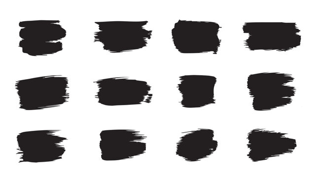 Black grunge brush stroke texture set. Rough paint smears and distressed ink marks. Vector design elements.