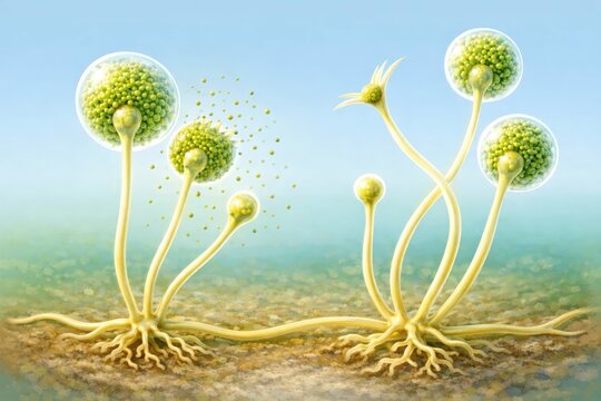 Rhizopus mold structure,generative ai illustration. Sporangia with visible spores on sporangiophores connected to rhizoids, showing fungal growth and spore release
