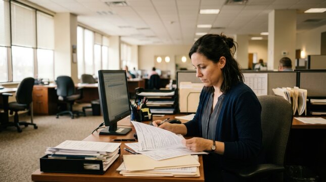 Quiet morning medium shot featuring concentrated staff member processing claim documents with unfocused desks and soft natural light in claims center.