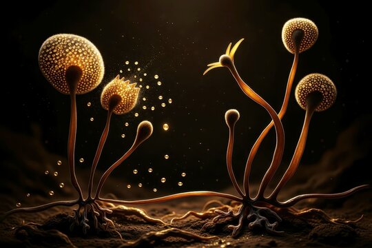 Rhizopus mold structure,generative ai illustration. Sporangia with visible spores on sporangiophores connected to rhizoids, showing fungal growth and spore release