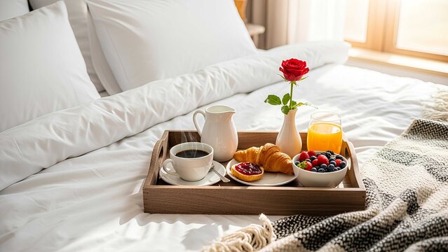 Cozy breakfast tray on a bright bed with coffee, croissant, fruit, yogurt, and a single red rose. Warm morning sunlight creates a romantic hospitality scene for lifestyle and breakfast concepts.