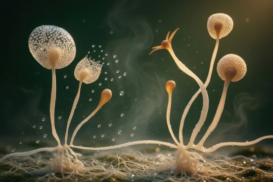 Rhizopus mold structure,generative ai illustration. Sporangia with visible spores on sporangiophores connected to rhizoids, showing fungal growth and spore release