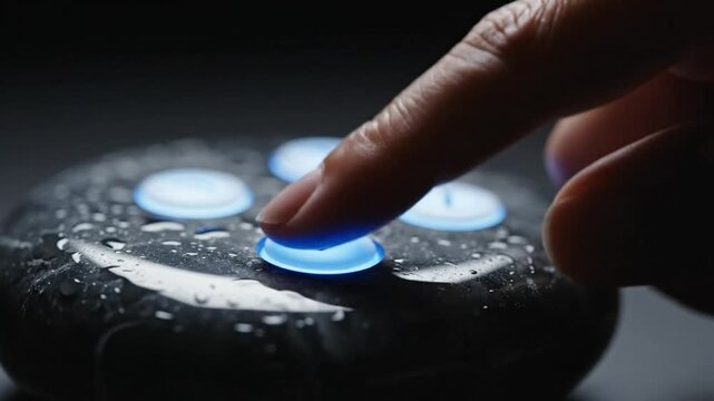 Close-up of a finger pressing illuminated blue buttons on a black wet control pad, futuristic technology.