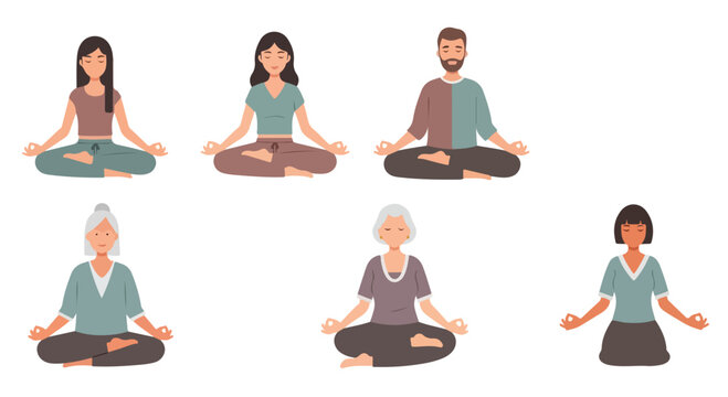 Set of 6 diverse people meditating in lotus pose vector