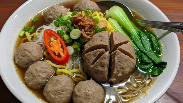 Traditional Indonesian bakso meatball noodle soup with beef meatballs, noodles, bok choy, and chili in savory broth. Popular Indonesian street food served in a ceramic bowl.
