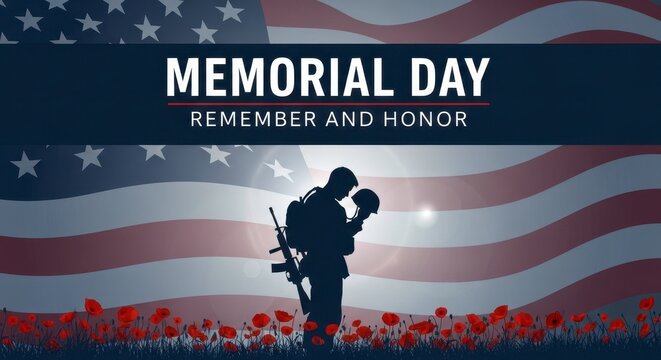 Soldier saluting American flag on Memorial Day with poppies and sunlight