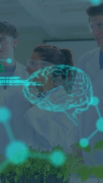 Vertical video: Lab scientist inspecting flask after AR overlay appearing, analyzing plant sample