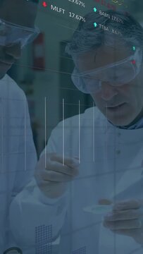 Two scientists scooping sample into dish in lab, with data overlay fading in correlating metrics
