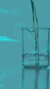 Single droplet elongating into stream, entering beaker and rising, showing chemistry with cyan code