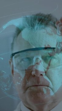 Vertical video: Lab scientist bringing vial closer, analyzing while dotted-globe aligning to face