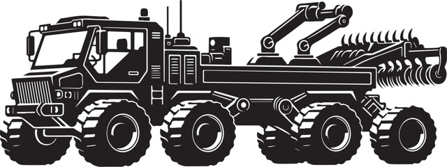 Heavy duty truck, industrial vehicle, construction equipment, tractor, black and white vector © Amazinart