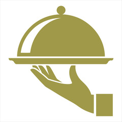 Fototapeta premium Golden icon of a hand holding a serving cloche food cloche