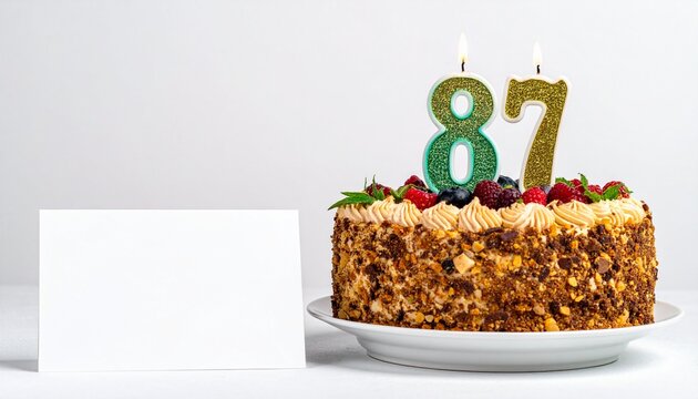 Birthday cake with number 87 candle and blank card with room for own message