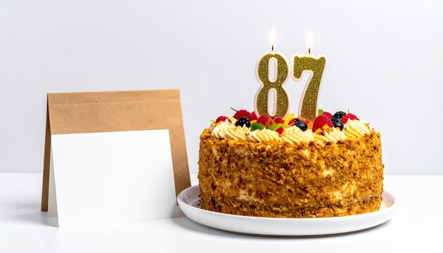 Birthday cake with number 87 candle and blank card with room for own message