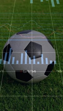 Vertical video: HUD activating over soccer ball, analytics panels rising and visualizing metrics