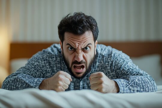 Angry Man in a Bedroom - Intense Facial Expression of Frustration