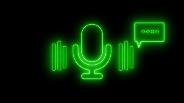Neon microphone icon with soundwaves and chat bubble animation