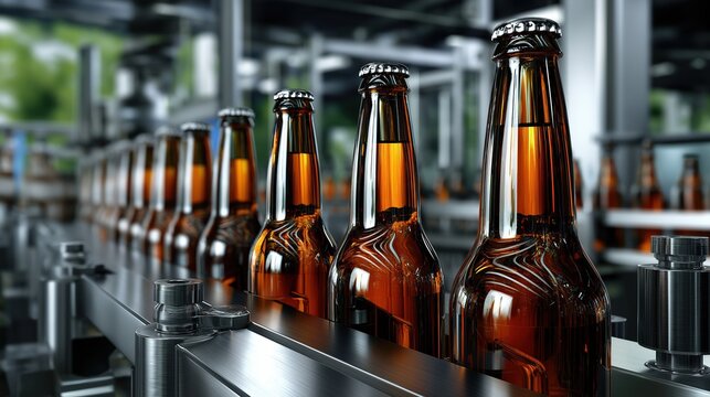 Brown beer bottles on a conveyor belt in a brewery. Industrial bottling plant production line. Manufacturing process of alcoholic beverages