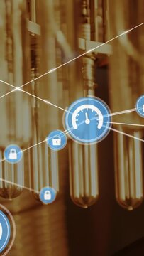 Bank of tubes receiving pulsing UI, spawning gauge, locks, links, showing security tech