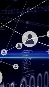 Vertical video: Spawning new nodes causing central user icon linking on blue screen, binary code