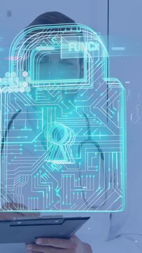 Doctor examining tablet and initiating neon lock HUD, keyhole expanding and confirming medical auth