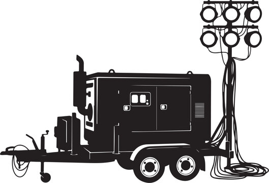 Black, industrial generator trailer, mobile lighting rig, equipment transport