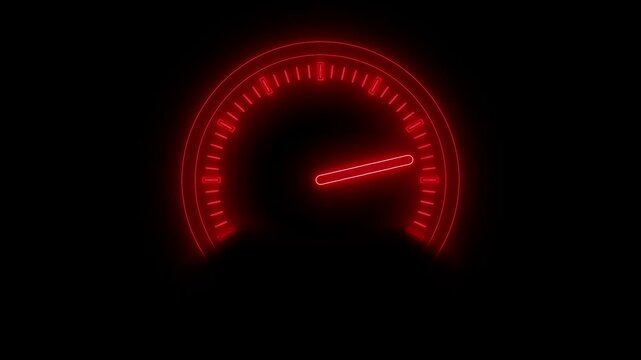 Neon glowing speedometer gauge on dark background animation