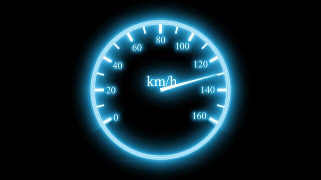 Glowing speedometer dial showing km/h on dark background animation