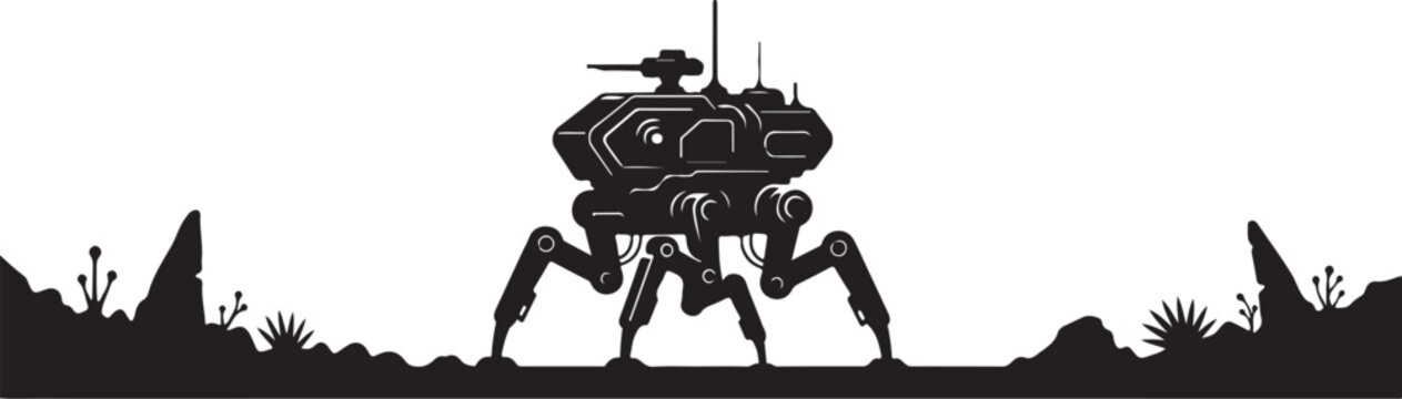 Robot, mechanical creature, sci-fi silhouette, futuristic design, black vector icon