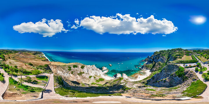 Aerial 360 seamless panorama of Calabria coastline between Tropea and Capo Vaticano viewpoint