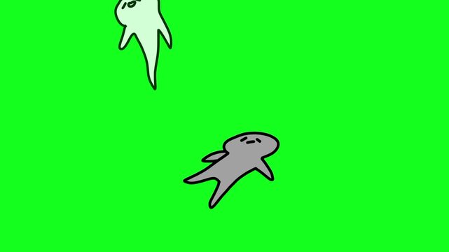 Two whimsical cartoon characters with simplistic, blob-like designs are depicted in a state of freefall or floating, set against a vibrant green screen backdrop, ready for seamless digital overlay and