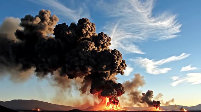 A catastrophic volcanic eruption occurs amidst a serene blue sky with wispy clouds, spewing massive dark smoke and flames