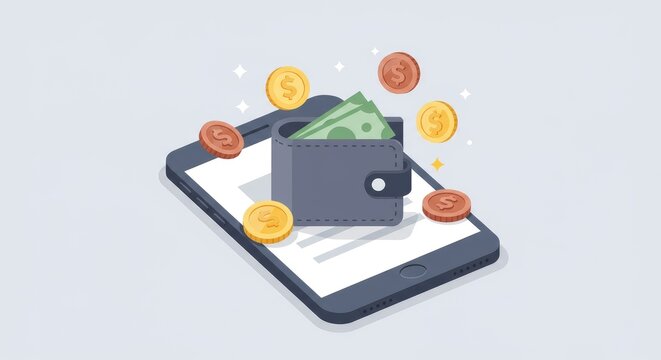 Digital wallet illustration with coins and cash representing online transactions