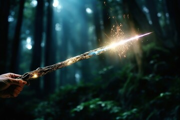 Fototapeta premium Magical wand beam illuminated fireworks darkness.