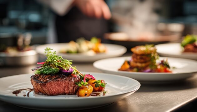 Chef plating animated movie exquisite steak and vegetable dishes in a professional kitchen