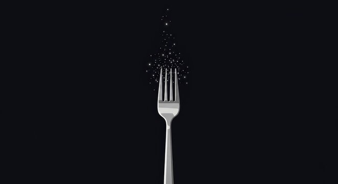 Silver fork with abstract floating particles on dark background