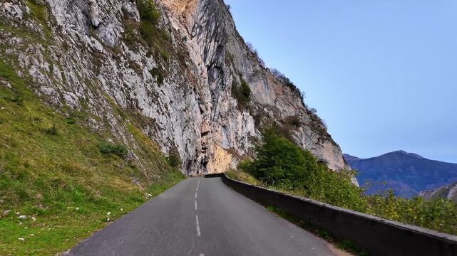 Driving up the Col d'Aubisque, France. Mountain pass in the French Pyrenees massif, symbol of the Tour de France in Bearn, France. Driving from Eaux-Bonnes to Gourette