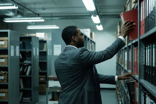 Man in suit retrieving file from shelf in archive room