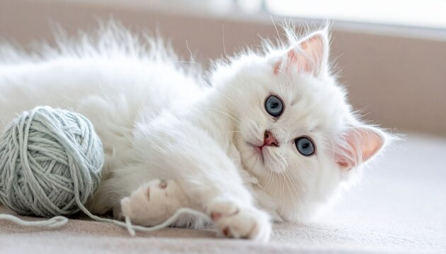 White kitten relaxing near yarn ball