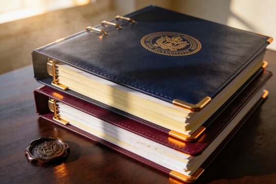 Stack of leather-bound legal document binders with wax seal on table